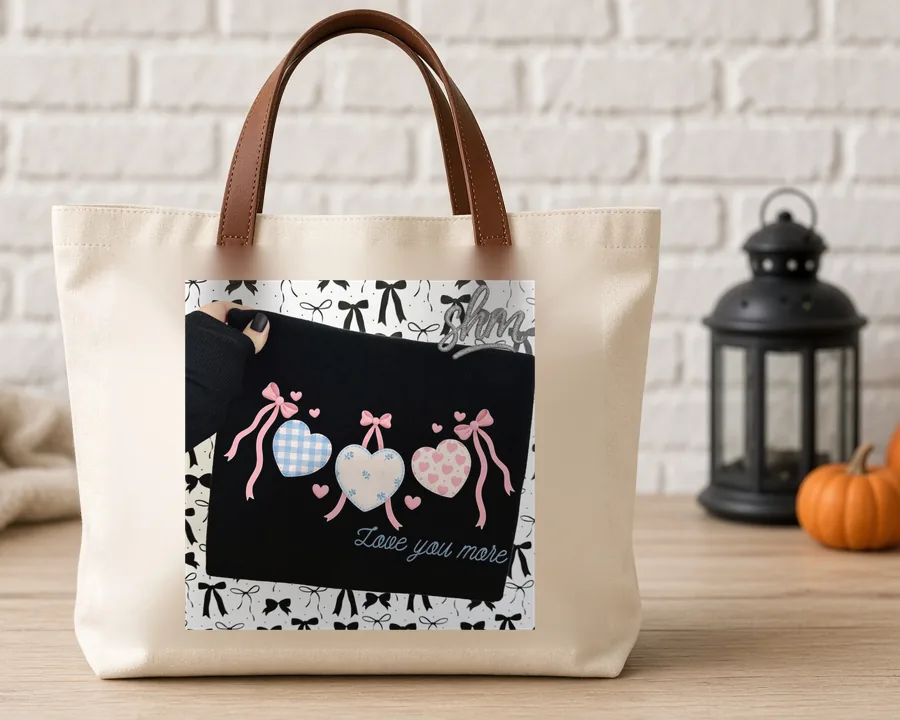 Coquette Bow Hearts Love You More PNG design on a canvas tote bag