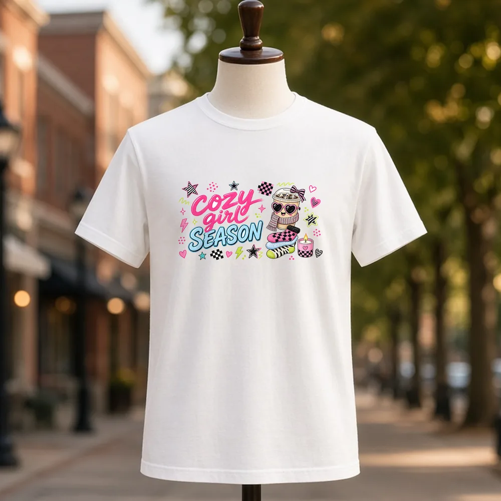 Cozy Girl Season PNG on a white t-shirt