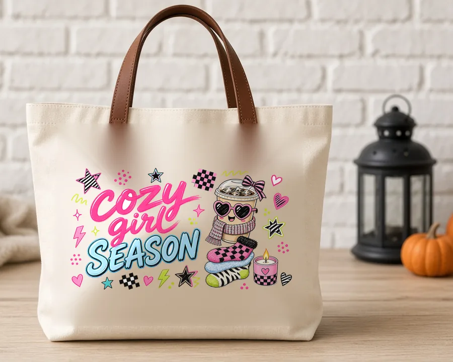 Cozy Girl Season PNG design on a canvas tote bag
