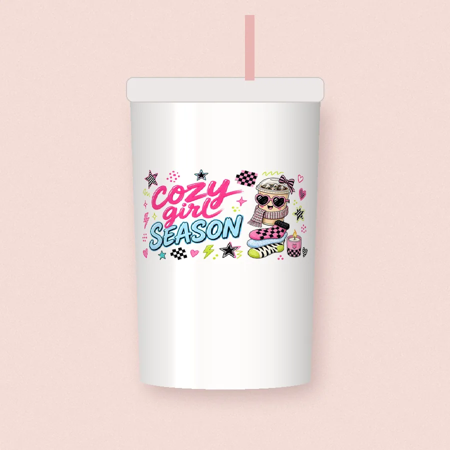 Cozy Girl Season sublimation design on a skinny tumbler