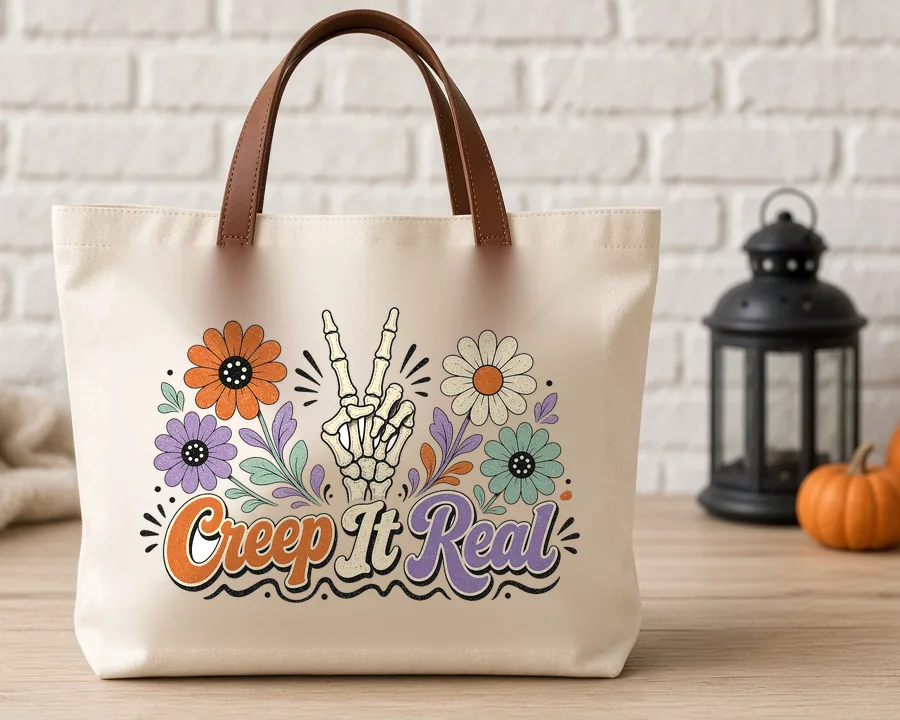 Creep It Real PNG design on a canvas tote bag
