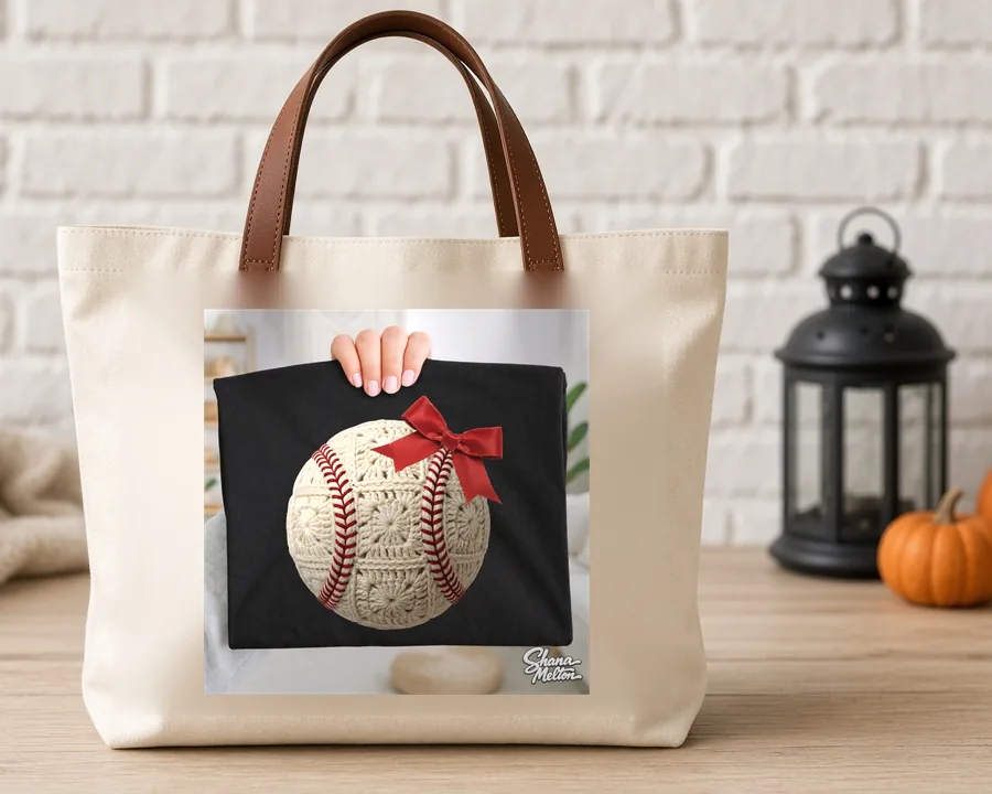 Crochet Baseball Bow PNG design on a canvas tote bag