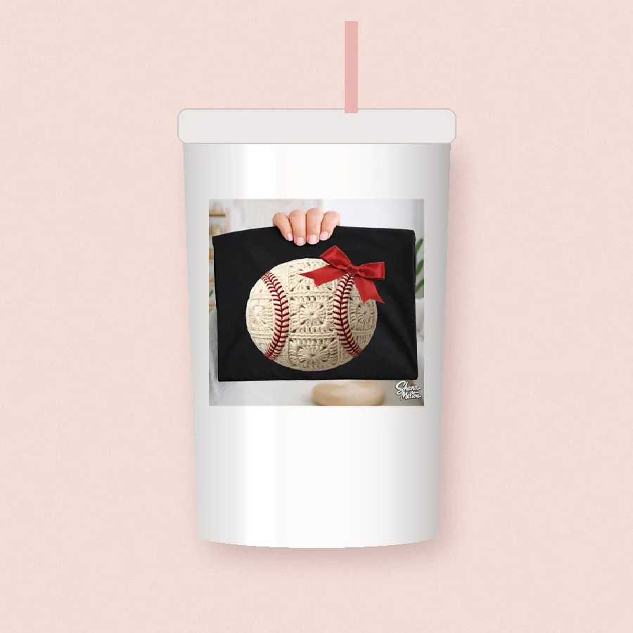 Crochet Baseball Bow sublimation design on a skinny tumbler