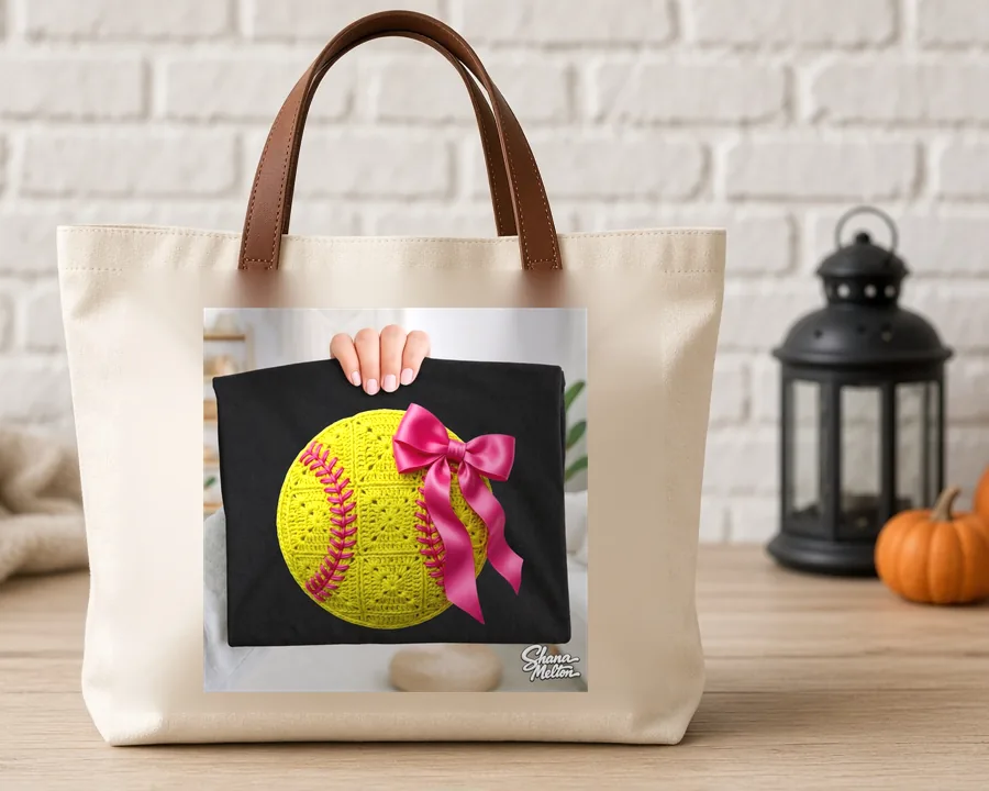 Crochet Softball Bow PNG design on a canvas tote bag