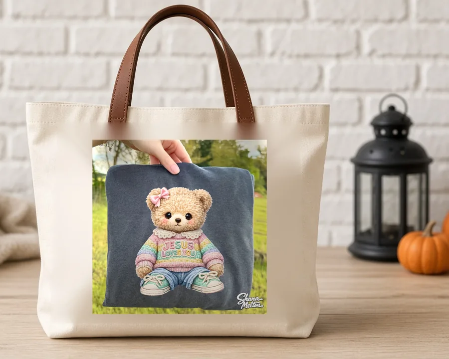 Crochet Teddy Bear PNG design on a canvas tote bag