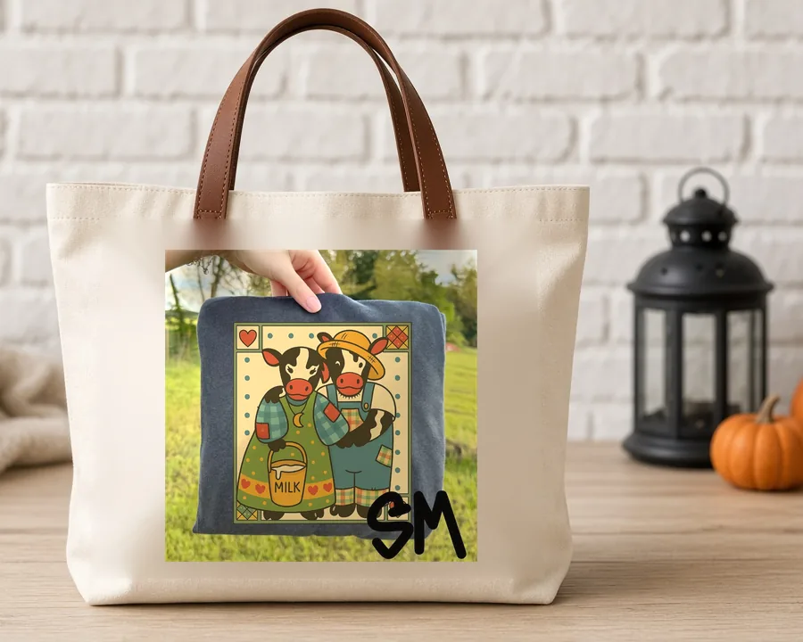 Cross Stitch Cow Farm PNG design on a canvas tote bag