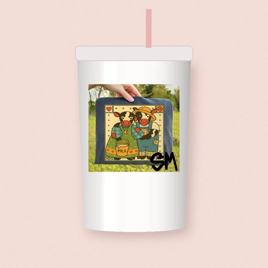 Cross Stitch Cow Farm sublimation design on a skinny tumbler