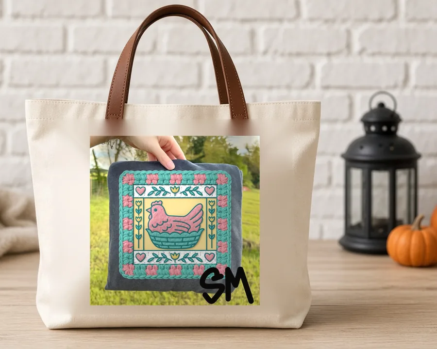 Cross Stitch Pink Hen PNG design on a canvas tote bag