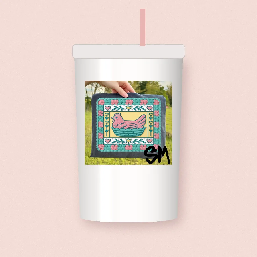 Cross Stitch Pink Hen sublimation design on a skinny tumbler