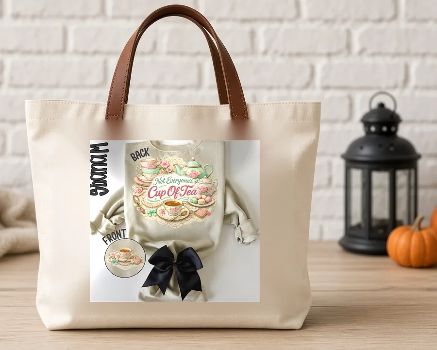Cup of Tea Thrifted PNG design on a canvas tote bag
