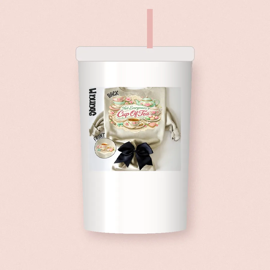 Cup of Tea Thrifted sublimation design on a skinny tumbler