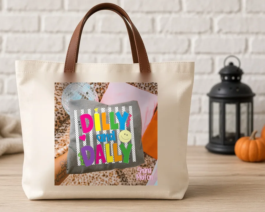 Dilly Dally PNG design on a canvas tote bag