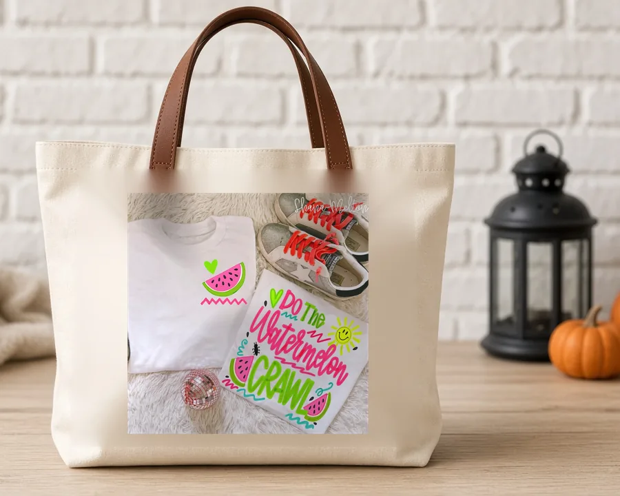 Do the Watermelon Crawl PNG design on a canvas tote bag