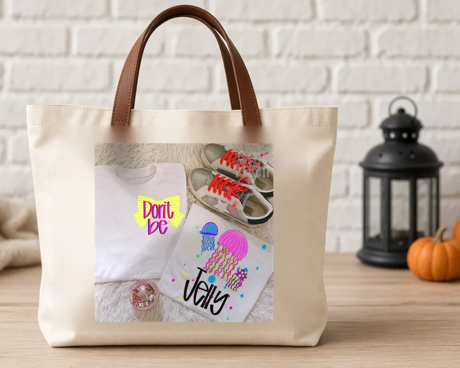 Dont Be Jelly PNG design on a canvas tote bag