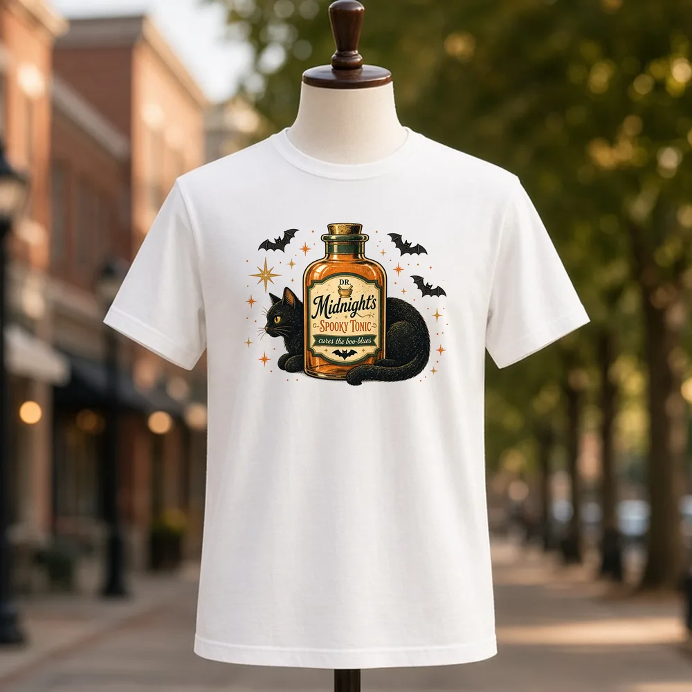 Dr Midnight Spooky Tonic PNG on a white t-shirt