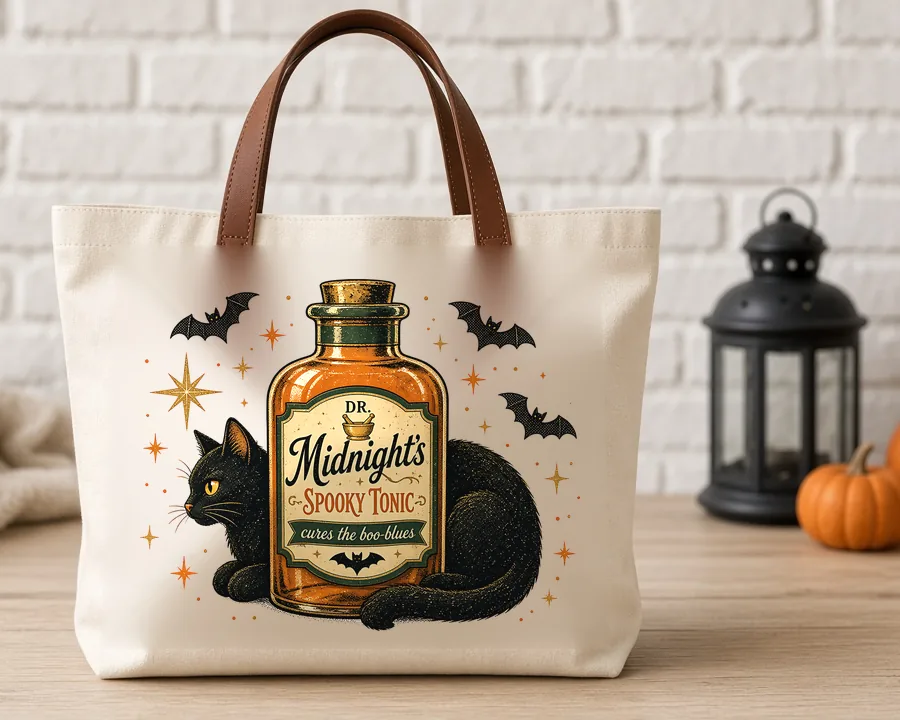 Dr Midnight Spooky Tonic PNG design on a canvas tote bag