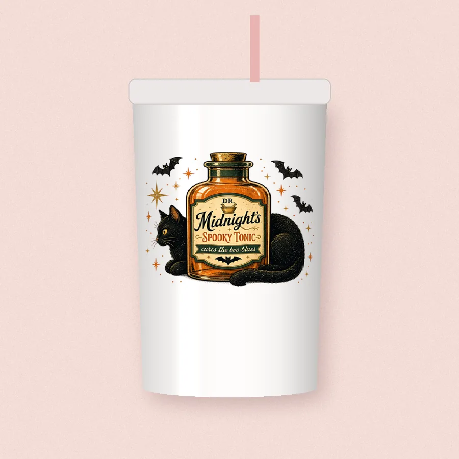 Dr Midnight Spooky Tonic sublimation design on a skinny tumbler