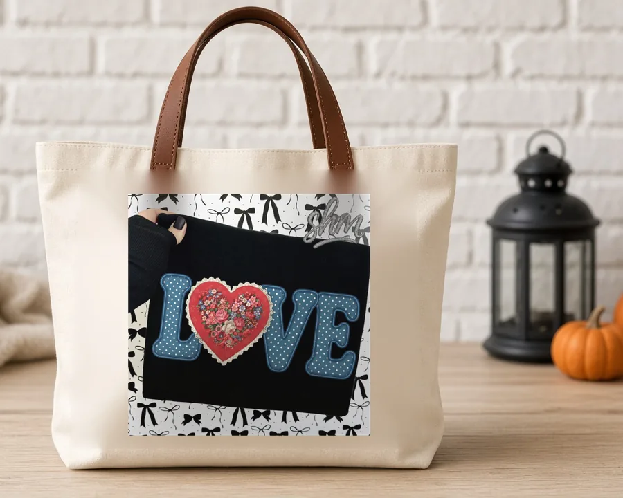 Faux Stitch Love PNG design on a canvas tote bag