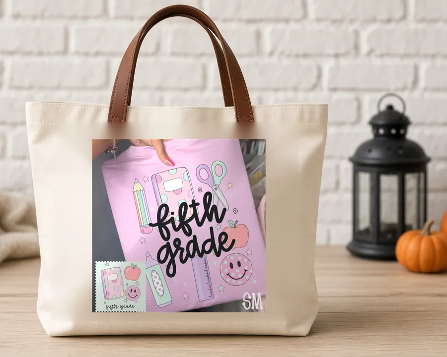Fifth Grade Teacher Doodles PNG design on a canvas tote bag