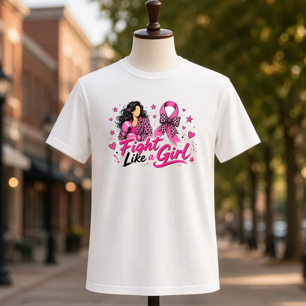 Fight Like a Girl Pink Ribbon PNG on a white t-shirt