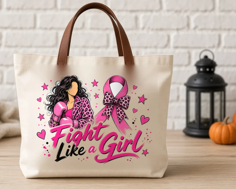 Fight Like a Girl Pink Ribbon PNG design on a canvas tote bag