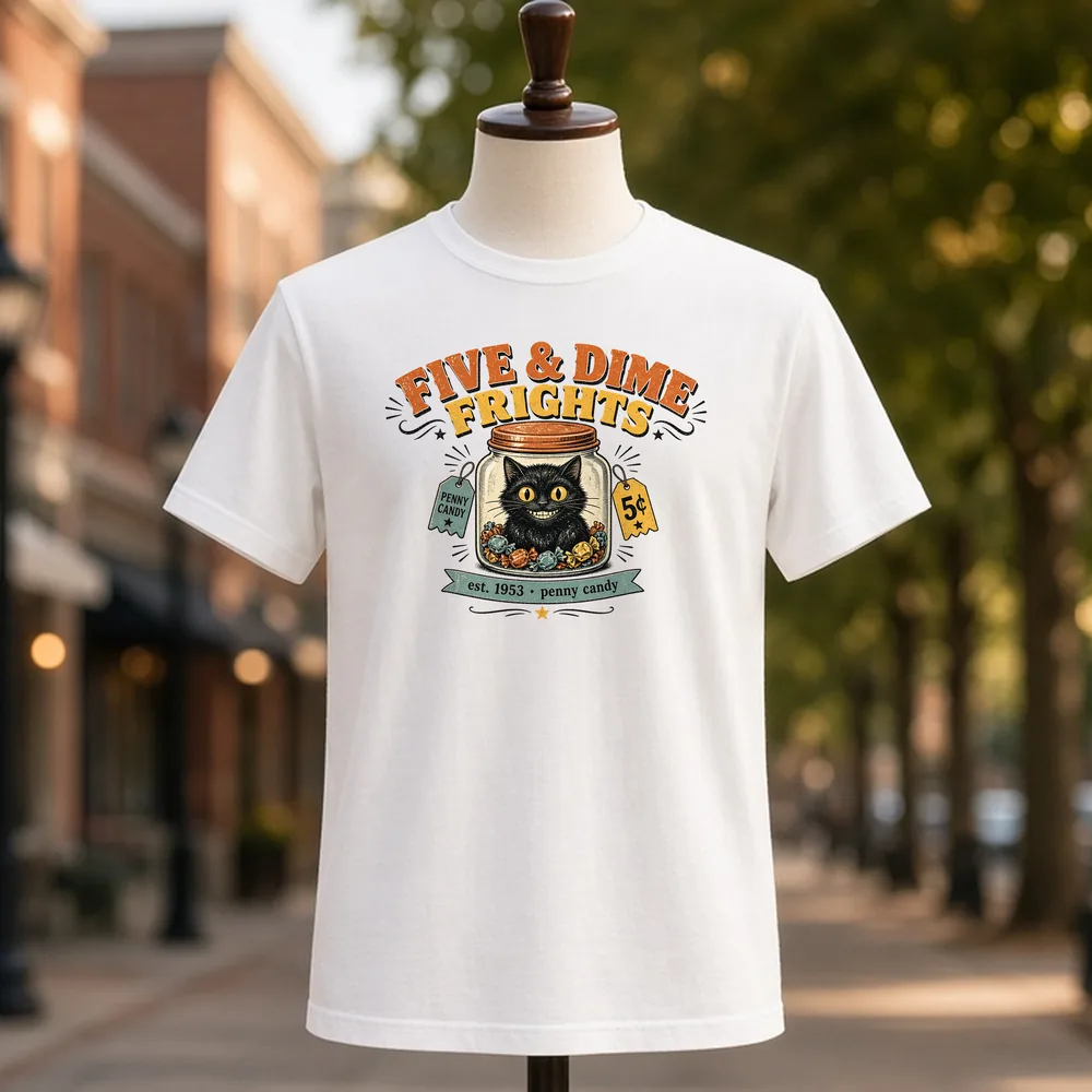 Five and Dime Frights Black Cat PNG on a white t-shirt