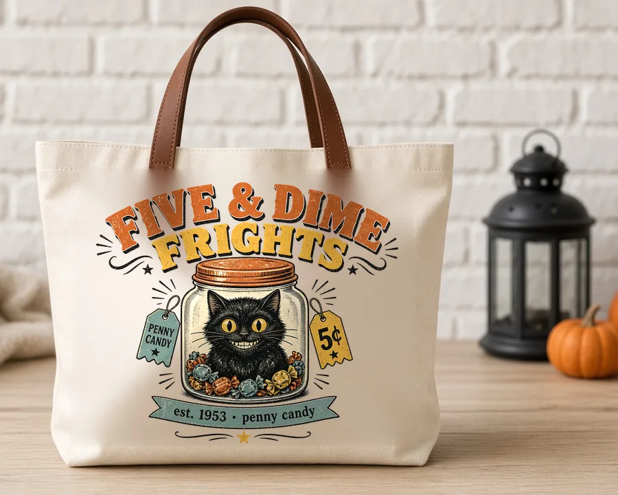 Five and Dime Frights Black Cat PNG design on a canvas tote bag