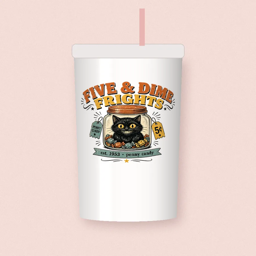 Five and Dime Frights Black Cat sublimation design on a skinny tumbler