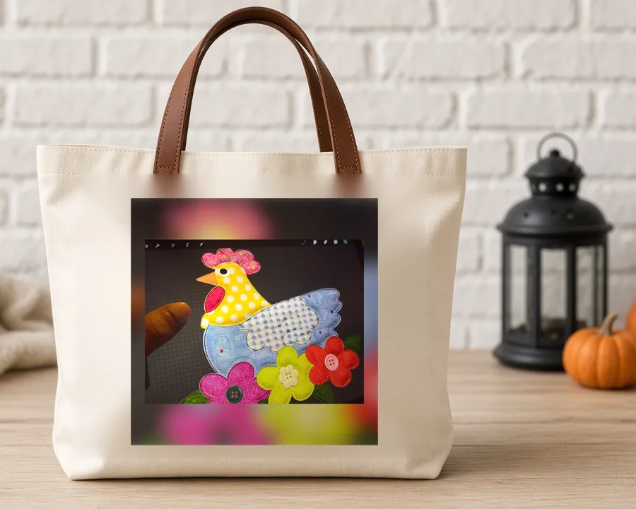 Floral Easter Chicken PNG design on a canvas tote bag