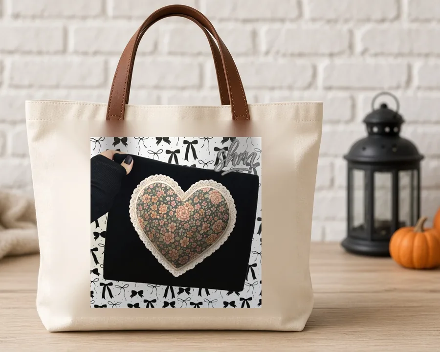 Floral Quilted Heart PNG design on a canvas tote bag