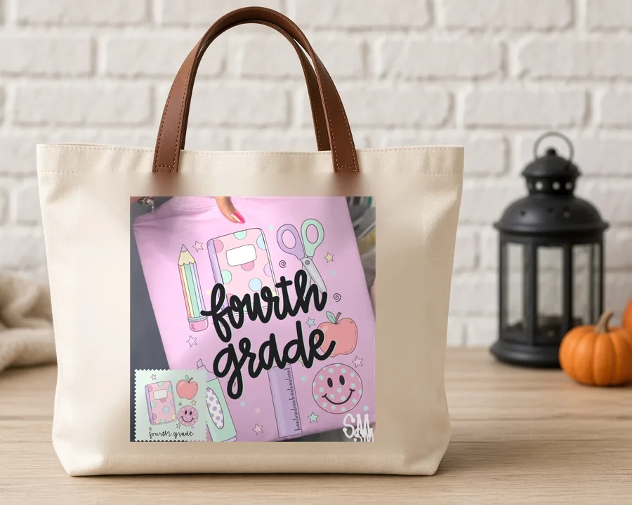 Fourth Grade Teacher Doodles PNG design on a canvas tote bag