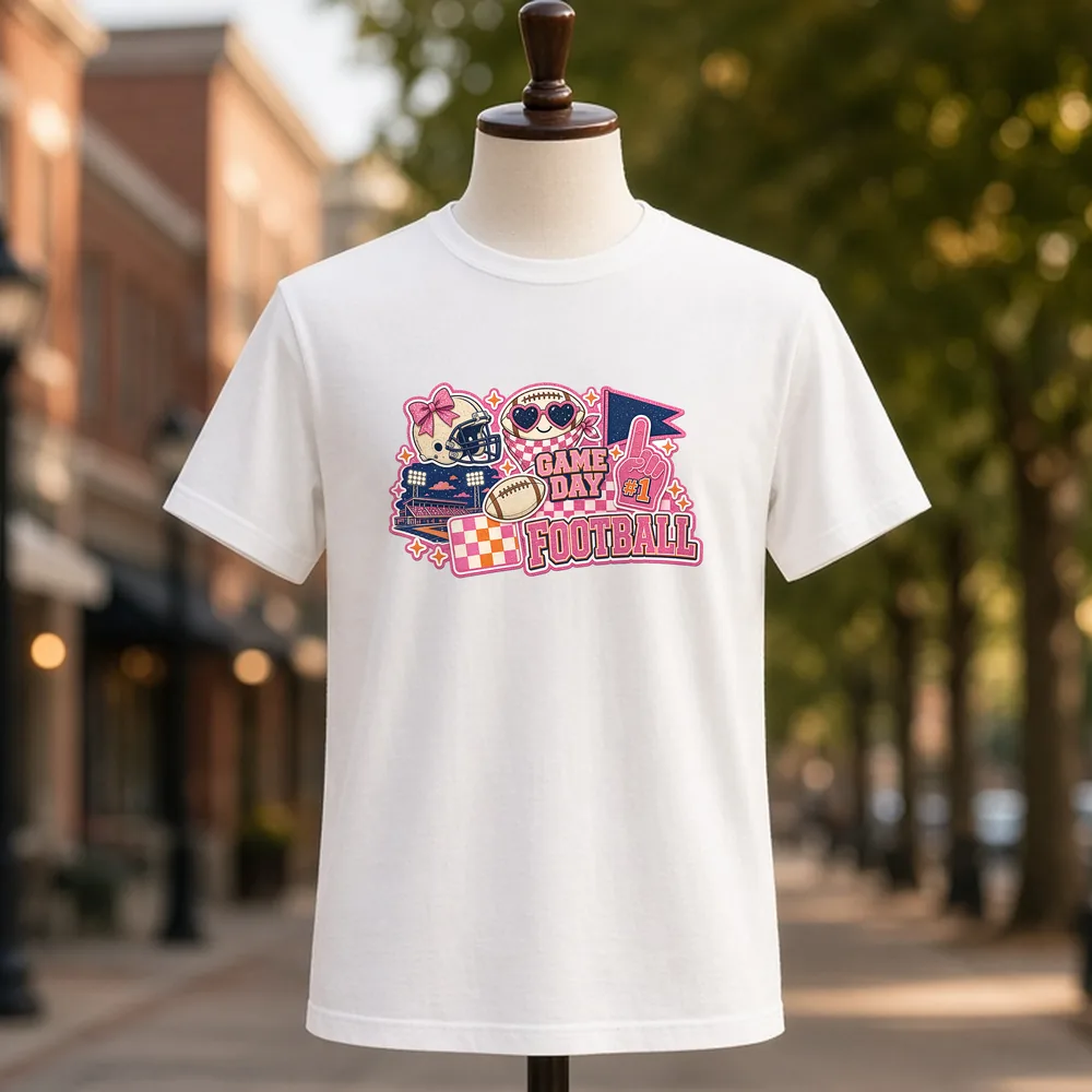 Game Day Football Collage PNG on a white t-shirt