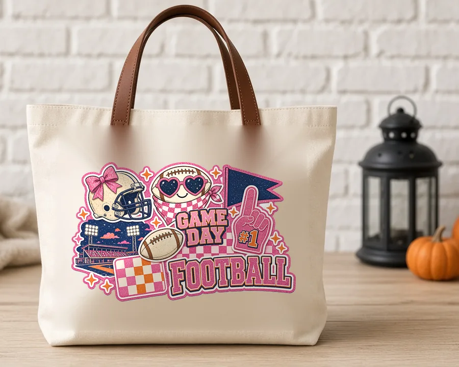 Game Day Football Collage PNG design on a canvas tote bag