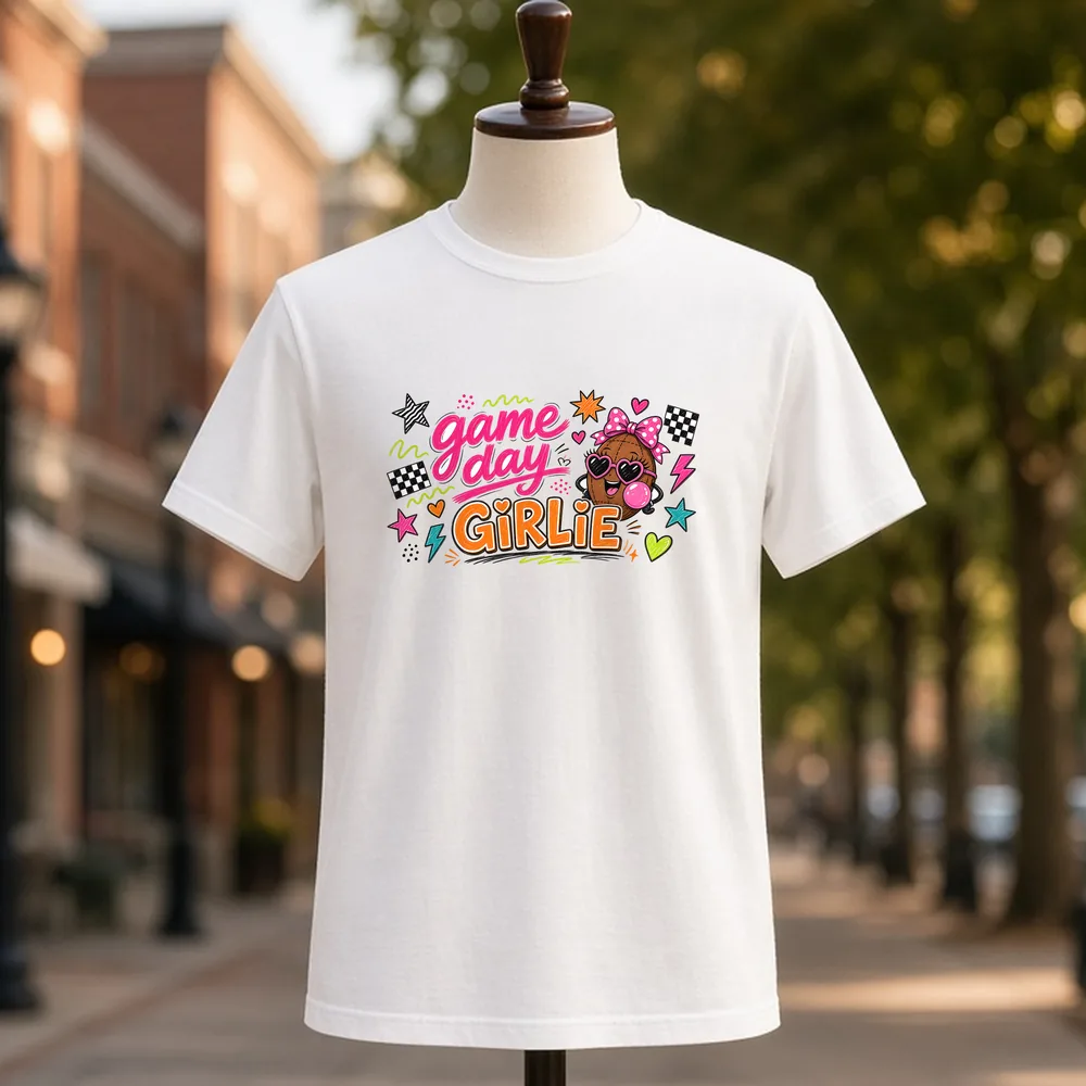 Game Day Girlie PNG on a white t-shirt