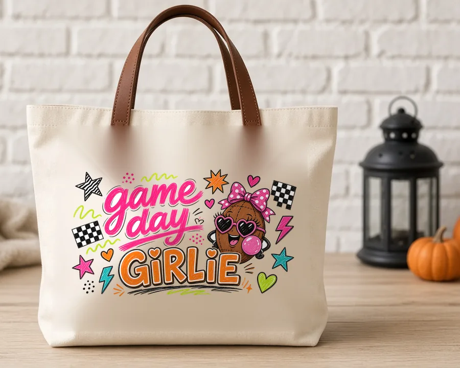 Game Day Girlie PNG design on a canvas tote bag