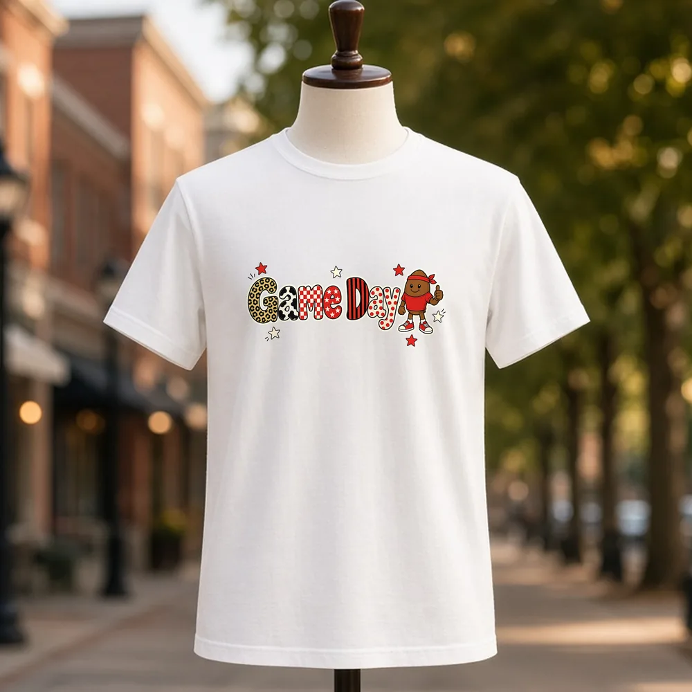 Game Day Patchwork Varsity PNG on a white t-shirt