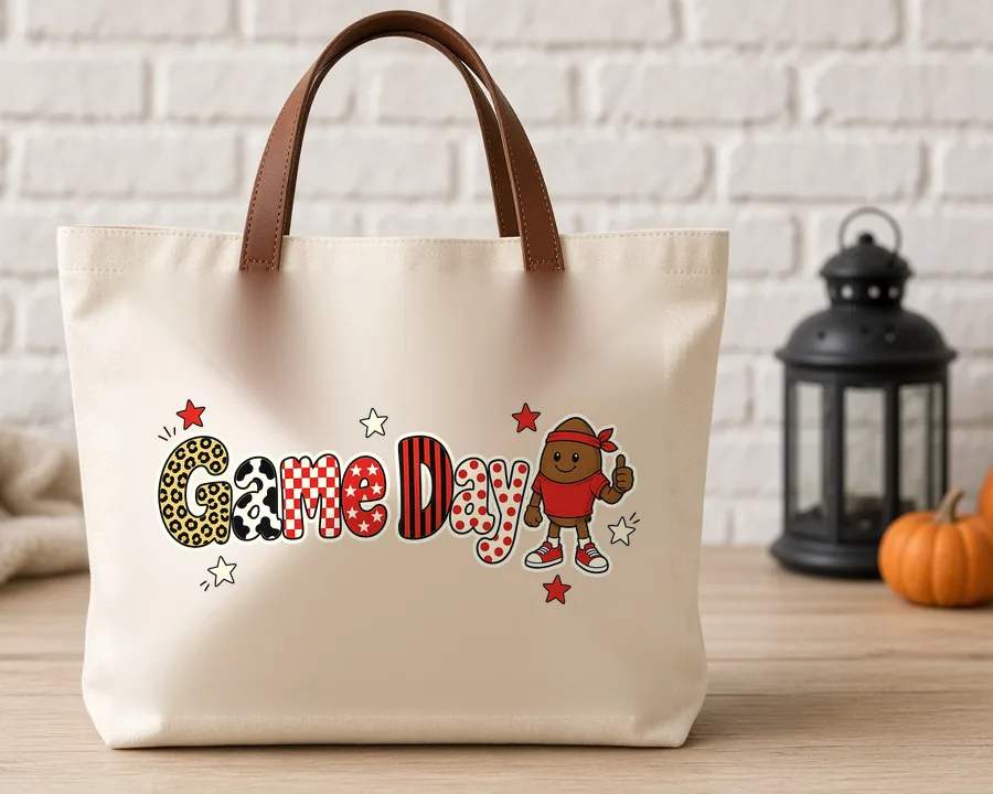Game Day Patchwork Varsity PNG design on a canvas tote bag