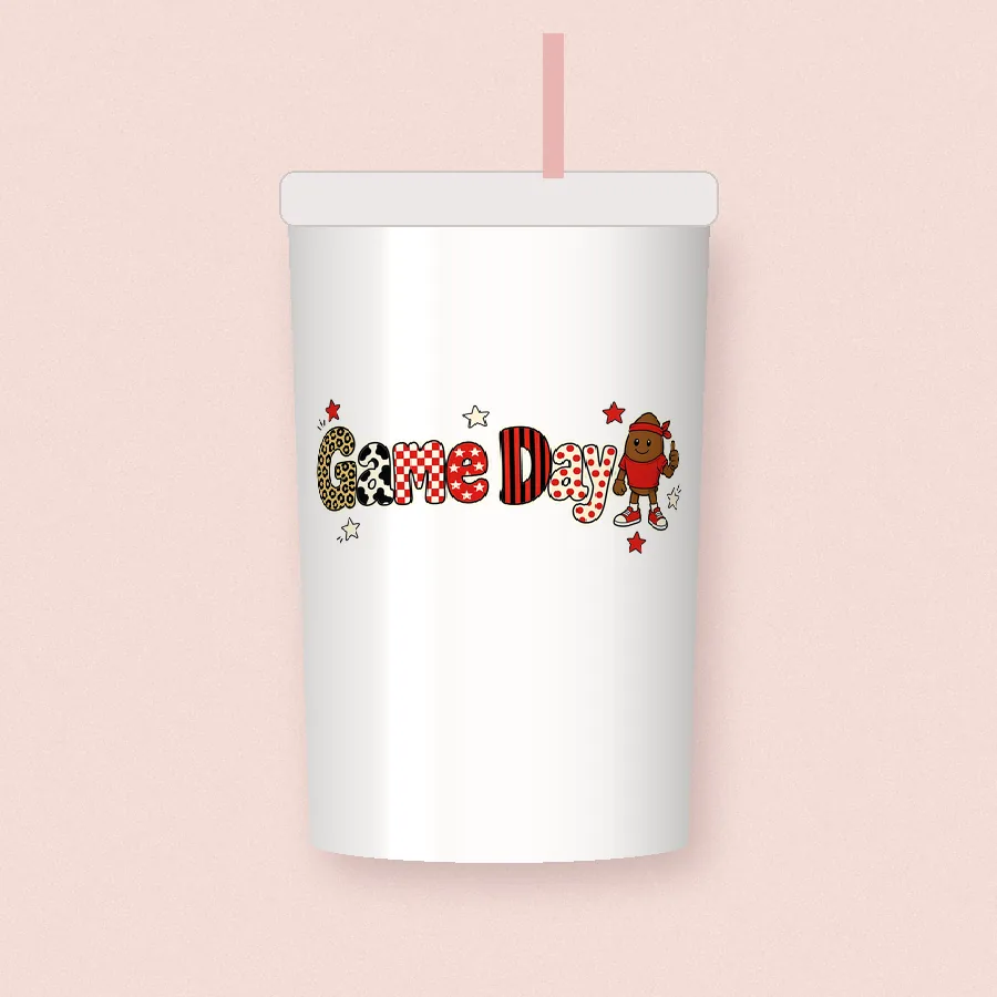 Game Day Patchwork Varsity sublimation design on a skinny tumbler