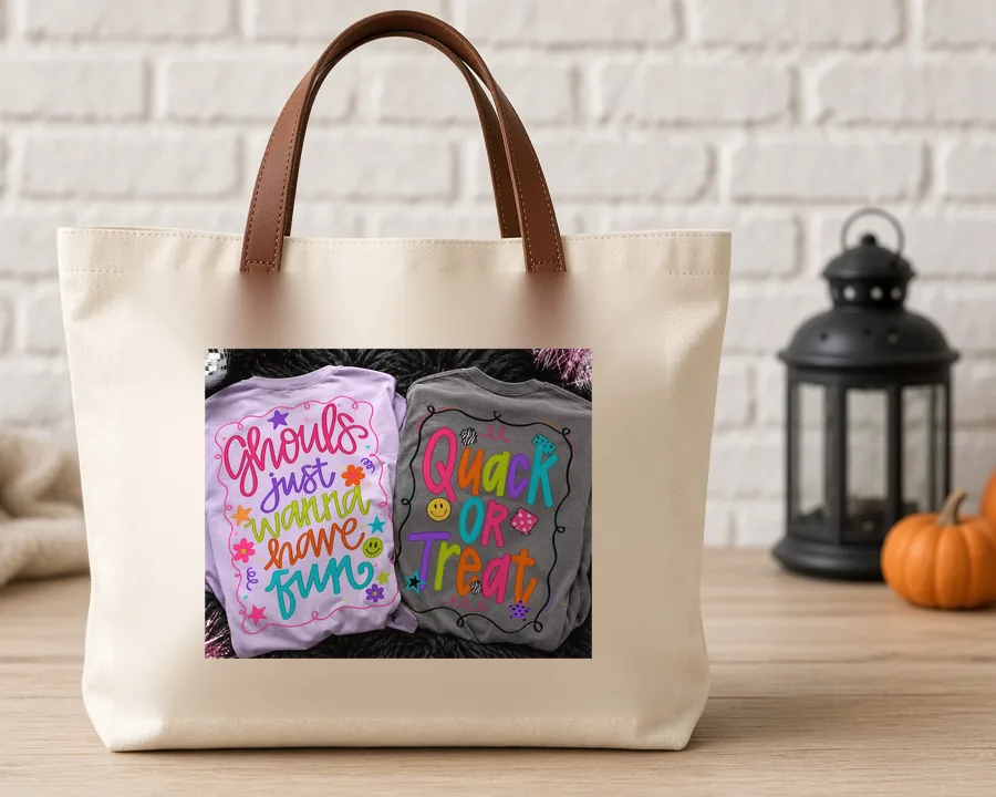 Ghouls Just Wanna Have Fun Quack or Treat PNG design on a canvas tote bag