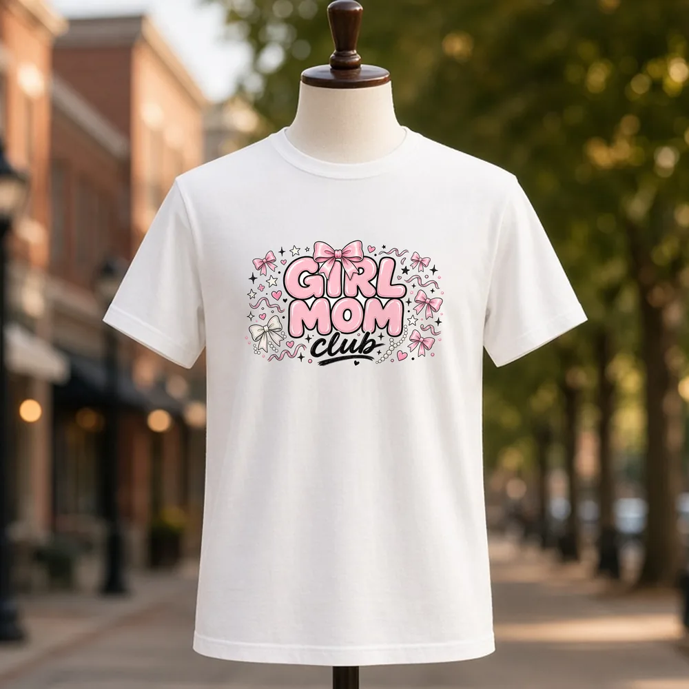 Girl Mom Club PNG on a white t-shirt