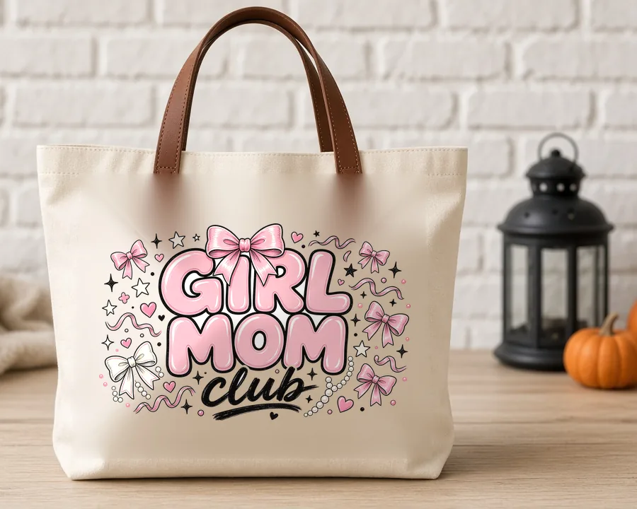 Girl Mom Club PNG design on a canvas tote bag