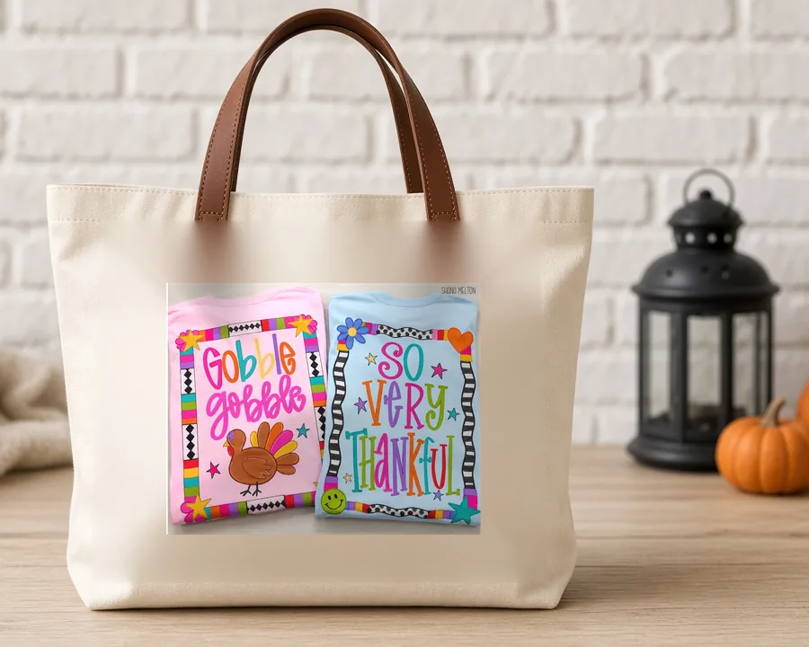 Gobble Gobble So Very Thankful PNG design on a canvas tote bag