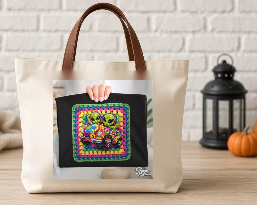 Granny Square Aliens PNG design on a canvas tote bag
