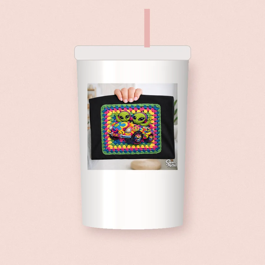 Granny Square Aliens sublimation design on a skinny tumbler
