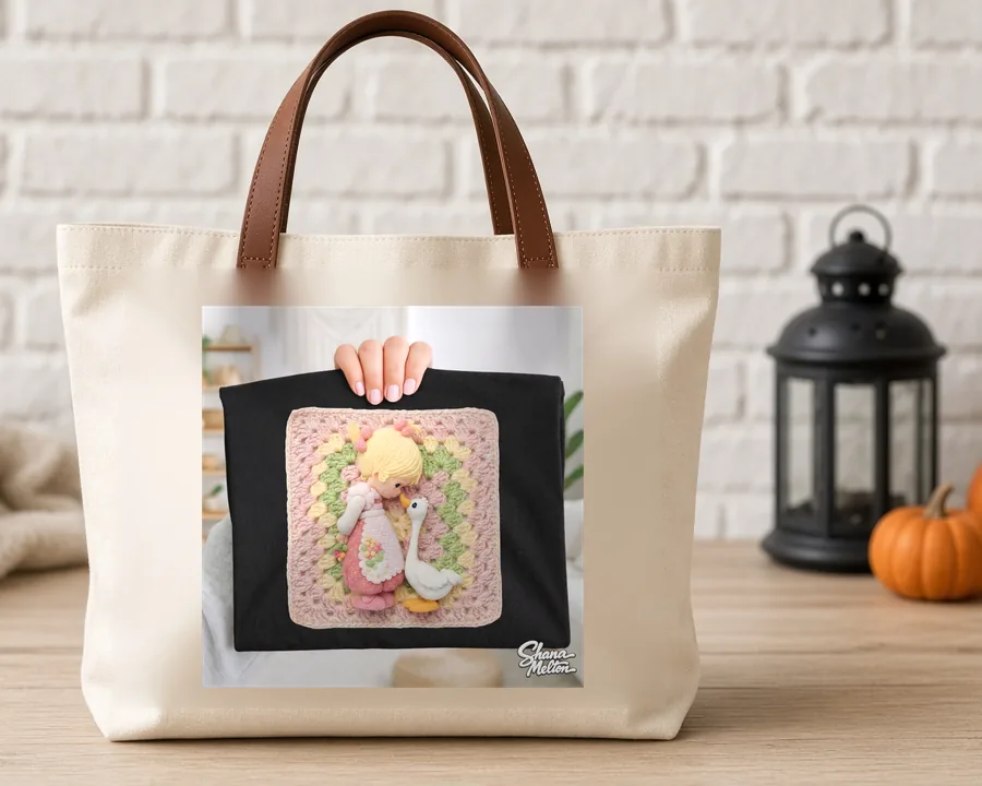 Granny Square Angel PNG design on a canvas tote bag