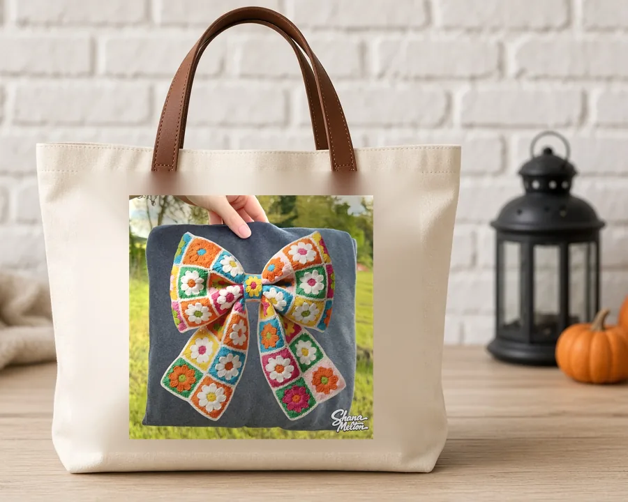 Granny Square Coquette Bow PNG design on a canvas tote bag