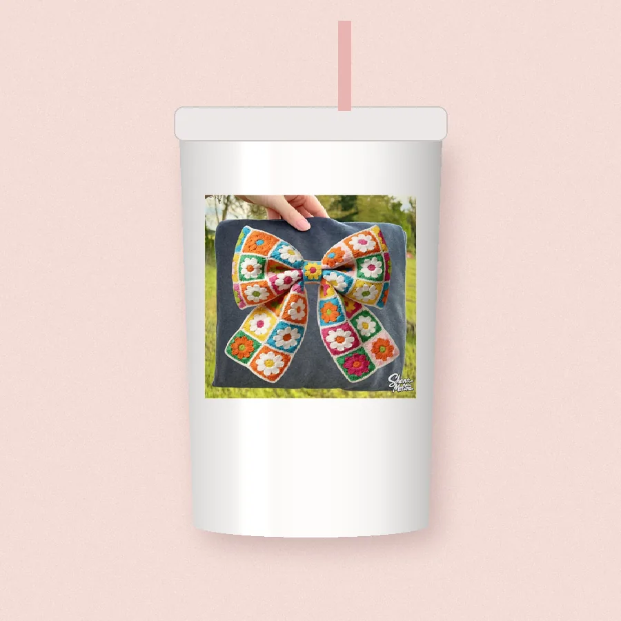 Granny Square Coquette Bow sublimation design on a skinny tumbler