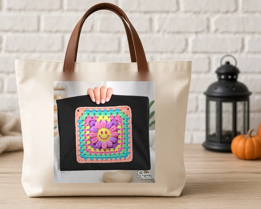 Granny Square Daisy PNG design on a canvas tote bag