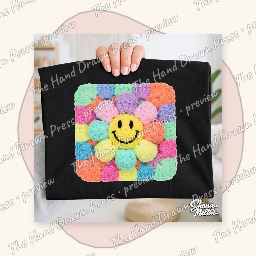 Granny Square Daisy Smiley hand drawn PNG design