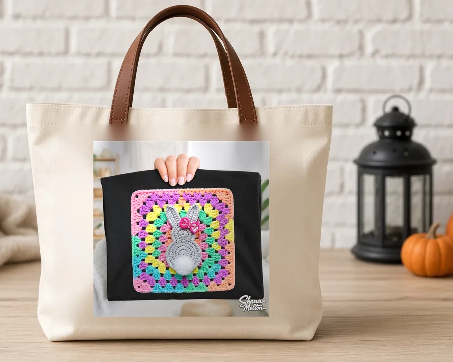 Granny Square Ghost PNG design on a canvas tote bag